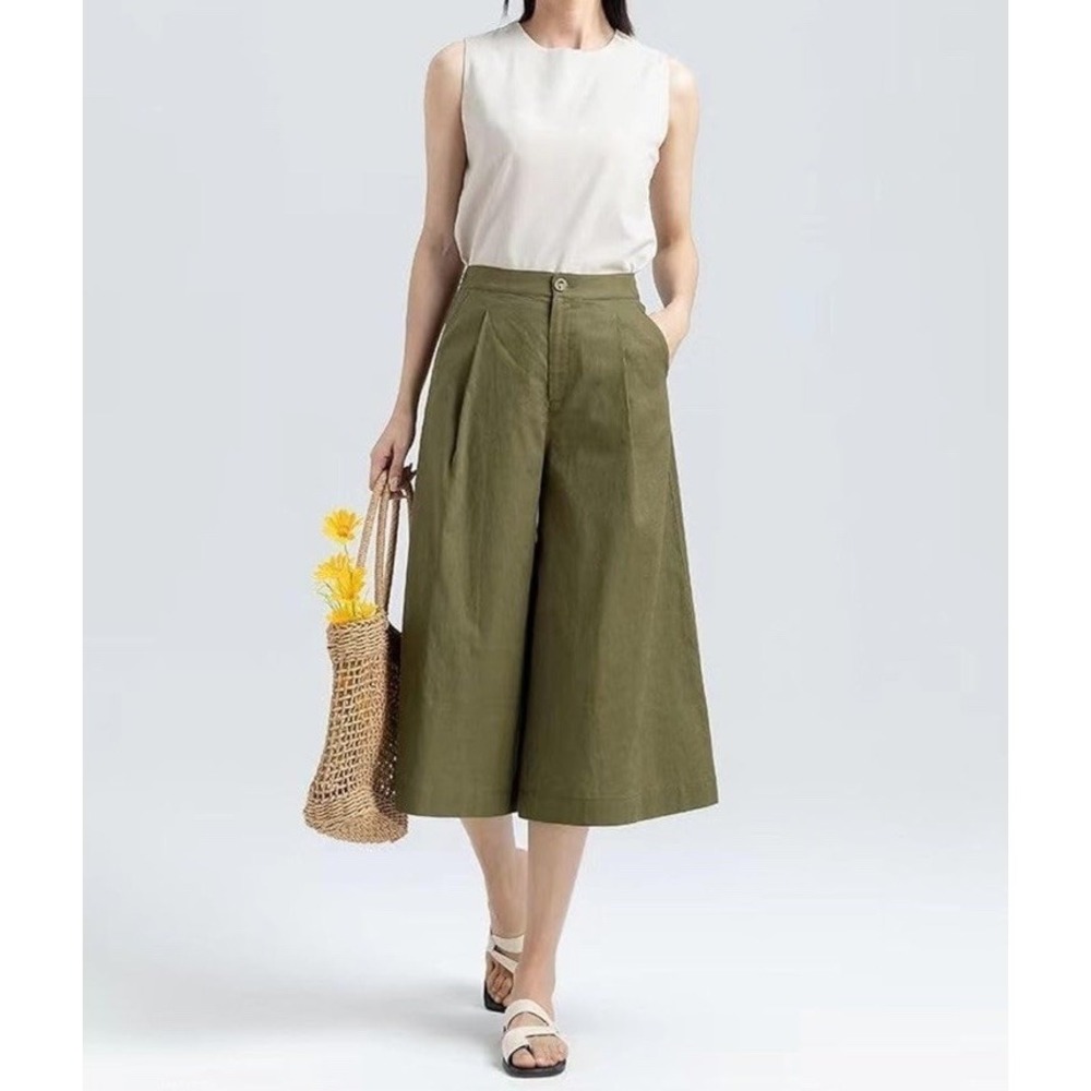 Vintage Evan Picone Cropped Culotte Safari Pleated Pants Khaki Green Waist 26"